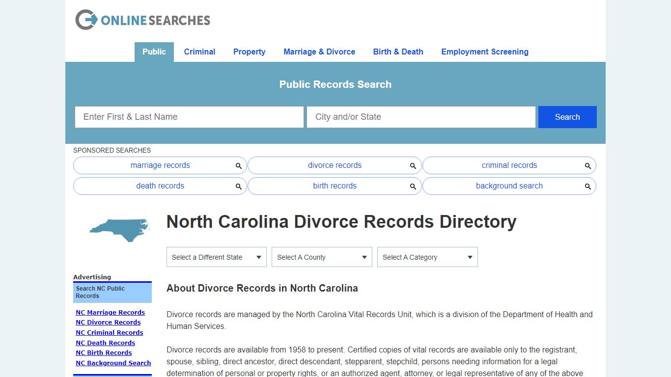 North Carolina Divorce Records Search Directory - OnlineSearches.com
